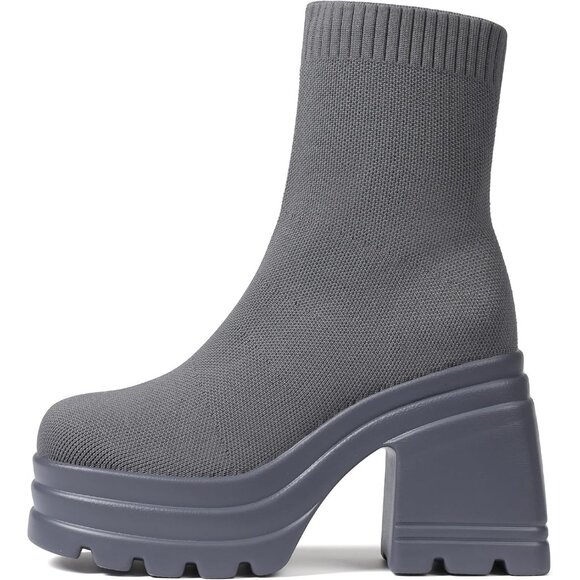 ⚡Women Grey Knit Square Toe Stretch Soft Block High Heel Punk Dress Sock Boots - Picture 1 of 6